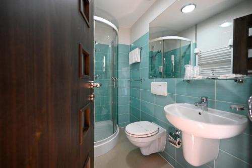 比斯特里察Casa EMA的一间带水槽、卫生间和镜子的浴室