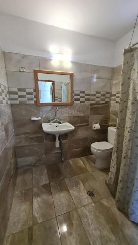 锡拉夏岛Zacharo Studios Thirasia的一间带水槽、卫生间和镜子的浴室