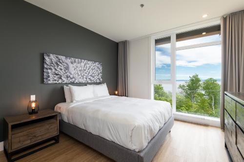 圣弗朗索瓦小河Les Appartements du Massif de Charlevoix的一间卧室设有一张床和一个大窗户
