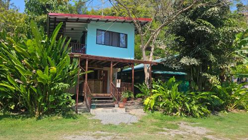 多米尼克Bamboo River House and Hotel的蓝色屋顶和门廊的房子