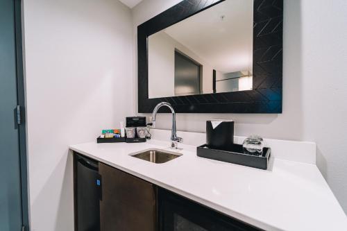 加特林堡Embassy Suites By Hilton Gatlinburg Resort的一间带水槽和镜子的浴室