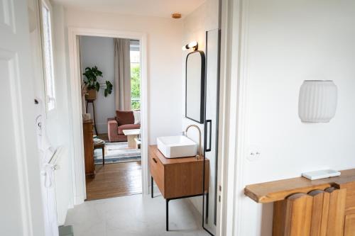 LeschesLA GRANDE MAISON LGM的走廊上设有带水槽和镜子的浴室