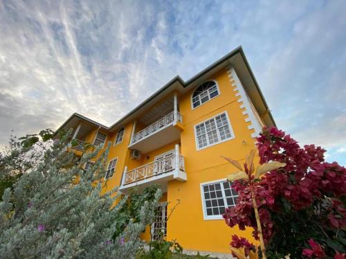 戴蒙德Faith's Villa Tobago的黄色的建筑,有白色的窗户和鲜花