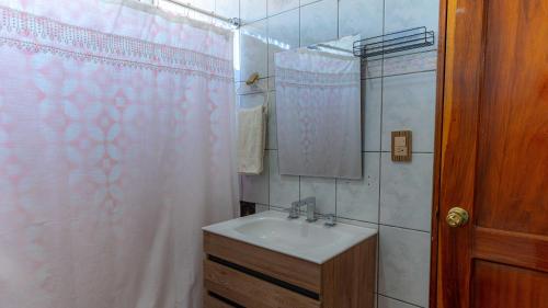 埃雷迪亚海龟家族住宿加早餐旅馆的一间带水槽和淋浴帘的浴室