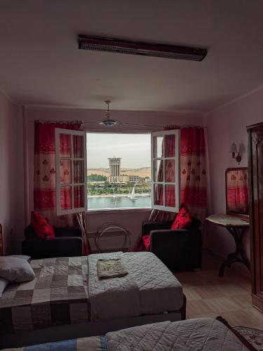 阿斯旺TOP HOTEL的一间卧室设有一张床和一个美景窗户。