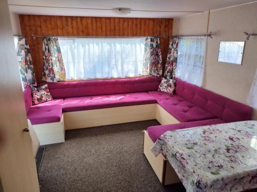 赫尔Domki holenderskie HEL的客厅里设有粉红色沙发