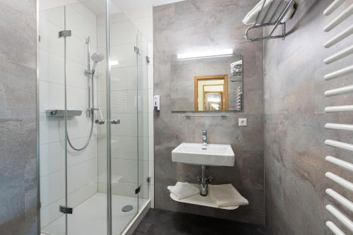 米特尔贝格IFA布赖塔赫河克勒恩瓦尔斯尔塔尔公寓的一间带玻璃淋浴和水槽的浴室