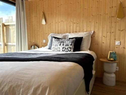 滨海吕克Le Nid douillet proche de la mer. La clef des paons的卧室配有带枕头的床铺和窗户。