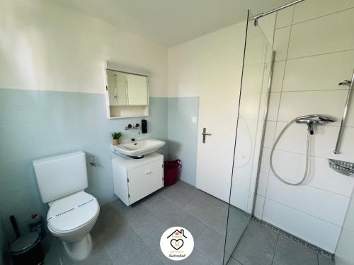 森帕赫Family M Apartments 7的浴室配有卫生间、盥洗盆和淋浴。