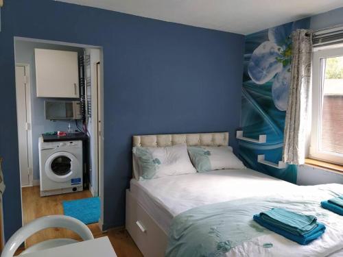 爱丁堡Studio Flat的一间蓝色卧室,配有一张床和一台洗衣机