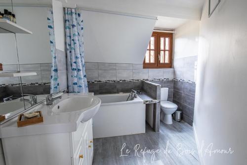 Arnières-sur-ItonLe Refuge du Bois d'Amour的带浴缸、盥洗盆和卫生间的浴室