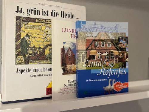 索尔陶Gemütliche Wohnung in Soltau mit Terrasse的一组书坐在书架上
