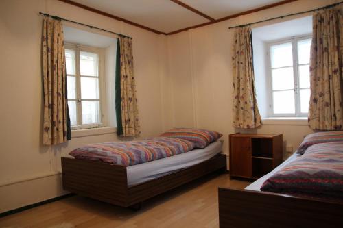 阿尔代兹Chasa Campell的一间卧室设有两张床和两个窗户。