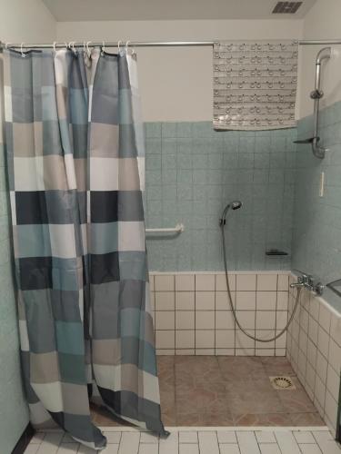 Saint-Cyr-des-GâtsDéconnection的浴室内配有淋浴帘。