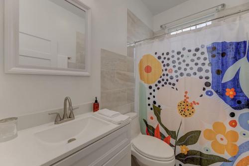 哥伦比亚The Douglas Apartment的一间带卫生间和淋浴帘的浴室