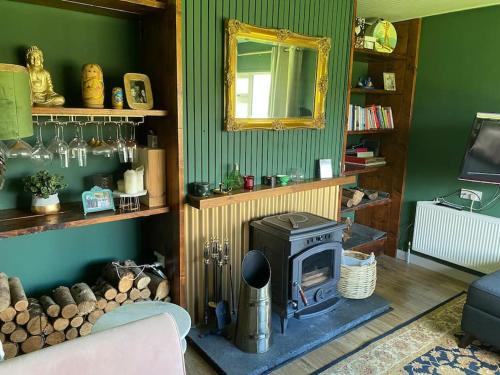 卡文The Lodge-Cozy and serene home的客厅配有燃木炉灶和镜子