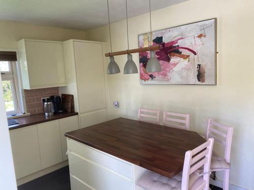 卡文The Lodge-Cozy and serene home的厨房配有木桌和粉红色的椅子