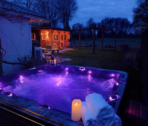 埃尔默洛"Huisje op de Veluwe" met privé Jacuzzi en Bar!的晚上后院的热水浴池配有灯