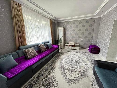 奥什Altan Hostel Osh的客厅配有紫色沙发和窗户
