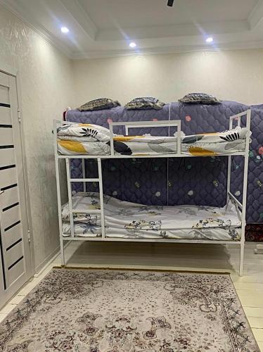 奥什Altan Hostel Osh的一间卧室配有双层床,铺有地毯。