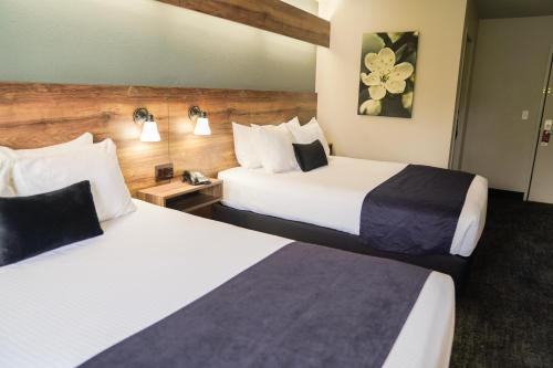桑德波因特Hotel Ruby Sandpoint的酒店客房设有两张床和两盏灯。