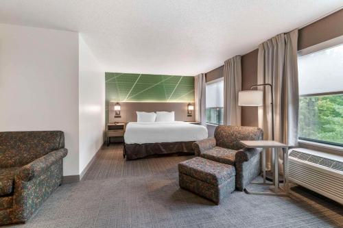乔治湖Comfort Inn & Suites的酒店客房,配有一张床和两把椅子