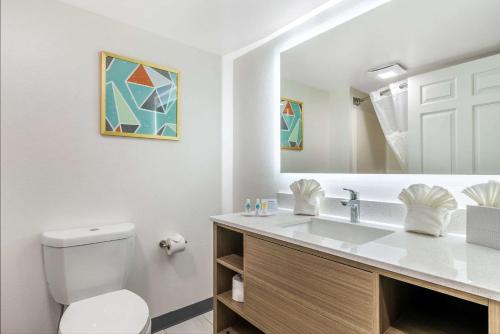 麦迪逊Comfort Inn & Suites的一间带卫生间、水槽和镜子的浴室