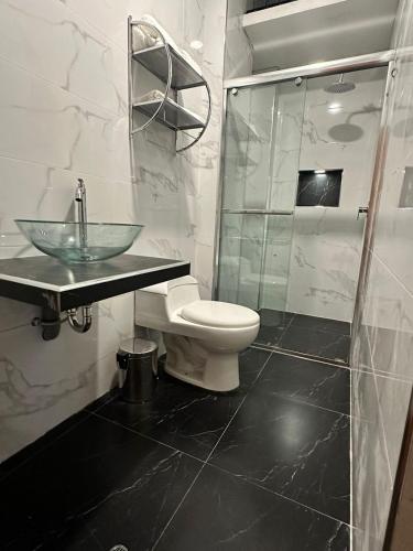 YungayGran Hotel的一间带水槽、卫生间和淋浴的浴室