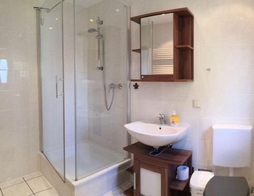 卑尔根Modern ausgestattetes Ferienhaus mit Terrasse的一间带水槽和淋浴的浴室