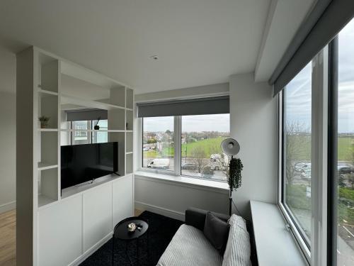 New BedfontLondon LuXXe Suites & Apartments - London Heathrow Airport, Terminal 1 2 3 4 5的带沙发、电视和窗户的客厅