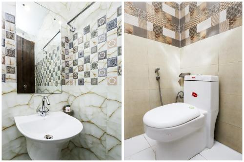 新德里Hotel Tej Palace International Near IGI Airport Delhi的浴室的两张照片,配有卫生间和水槽