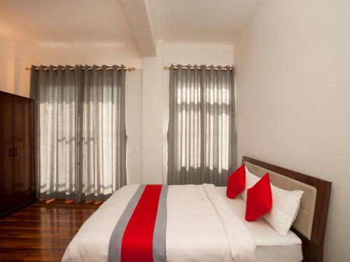 加德满都Hotel Euro的一间卧室配有一张带红色枕头的大床