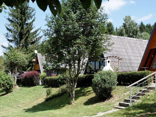 瓦尔德基兴Wooden chalet with terrace near a swimming lake的房屋前有树的房子