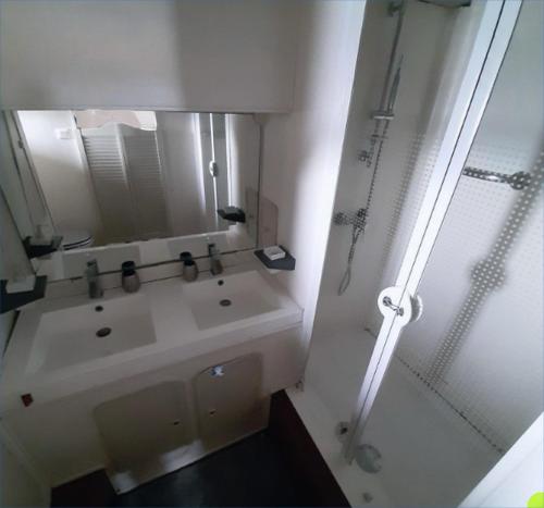 普罗普里亚诺Santa-Giulia的带淋浴和盥洗盆的白色浴室
