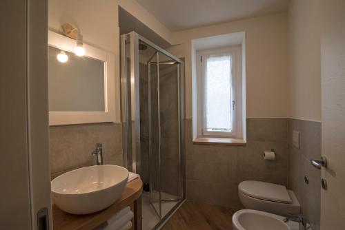 圣佩莱格里诺温泉Villa Mariolino的一间带水槽、卫生间和淋浴的浴室