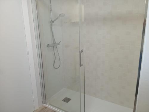 擞莫apartamento Somo的淋浴间设有玻璃淋浴间门