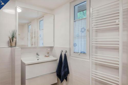 科尔斯万特Waldsiedlung Waldhaus App 2.2的白色的浴室设有水槽和镜子