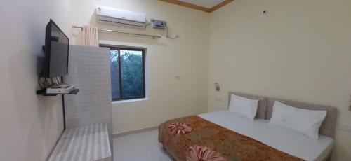 克久拉霍Shivansh Palace HomeStay & Marriage Garden的一间卧室配有一张床和一台电视