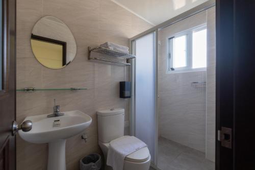 马公木子寓所 Moozhouse的一间带水槽、卫生间和镜子的浴室