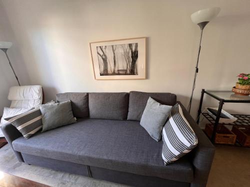 赫雷斯-德拉弗龙特拉Jerez, zona norte, Cadiz, España的客厅配有带枕头的灰色沙发