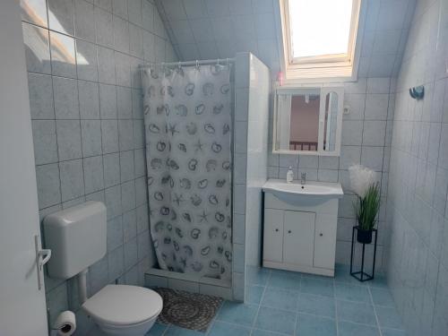 豪伊杜索博斯洛Szaffi apartman的带淋浴、卫生间和盥洗盆的浴室