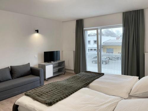雷根斯堡Board Inn - Haus Regensburg的一间卧室配有一张床、一张沙发和一台电视