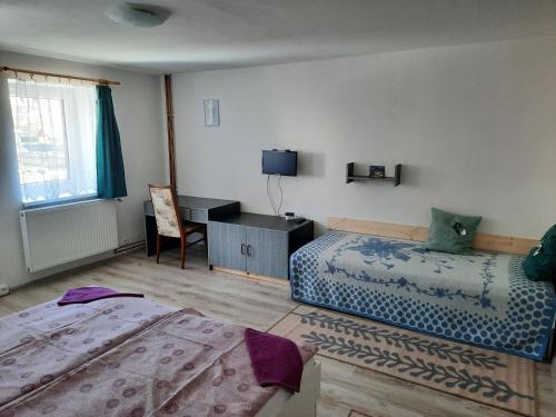 上马尔绍夫Pension Lípa的一间卧室配有两张床、一张桌子和一台电视。