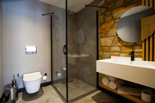 图尔古特雷斯Asterina Hotel的带淋浴、卫生间和盥洗盆的浴室