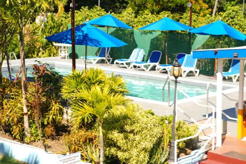布里奇敦巴巴多斯棕榈园酒店的一个带蓝伞和椅子的游泳池