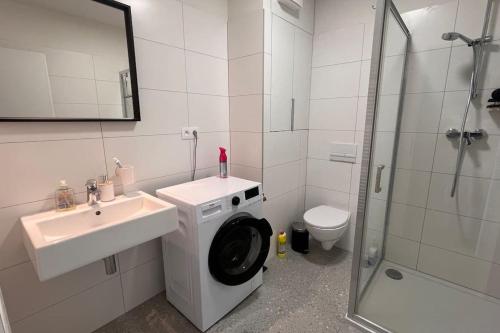Prievoz2 room Apartment, terrace, new building Moruše的一间带洗衣机和水槽的浴室