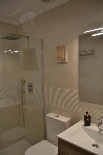 托雷加迪亚罗Beach and Golf House Sotogrande - Torreguadiaro的带淋浴、卫生间和盥洗盆的浴室