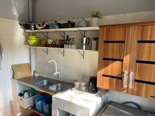 La PlaineA cozy one-bedroom in Heron, Djibouti的一个带水槽和木橱柜的厨房
