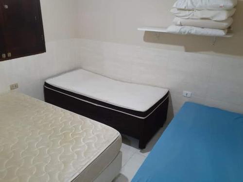 累西腓Sonho dos golfinhos的一间客房配有两张床和一个带毛巾的架子。