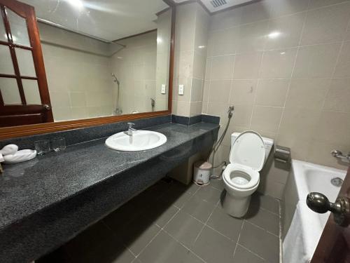 朔庄NGOC THU HOTEL的一间带水槽、卫生间和镜子的浴室